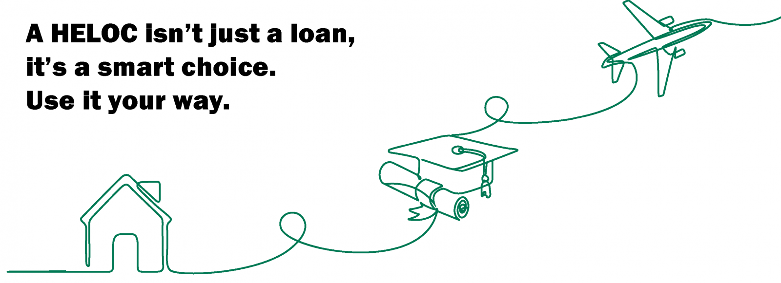 logo, line art of house, grad cap, and airplane, HELOC isn't a loan, it's a smart choice. Use it your way.